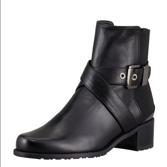 Stuart Weitzman • Manlow 5050 Buckle Strap Calf Biker Boots Black Leather 7.5 - Picture 1 of 14